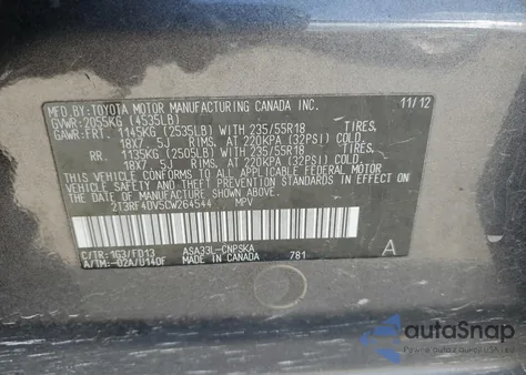 2012 Toyota Rav4 Sport from USA, damaged, VIN 2T3RF4DV5CW264544